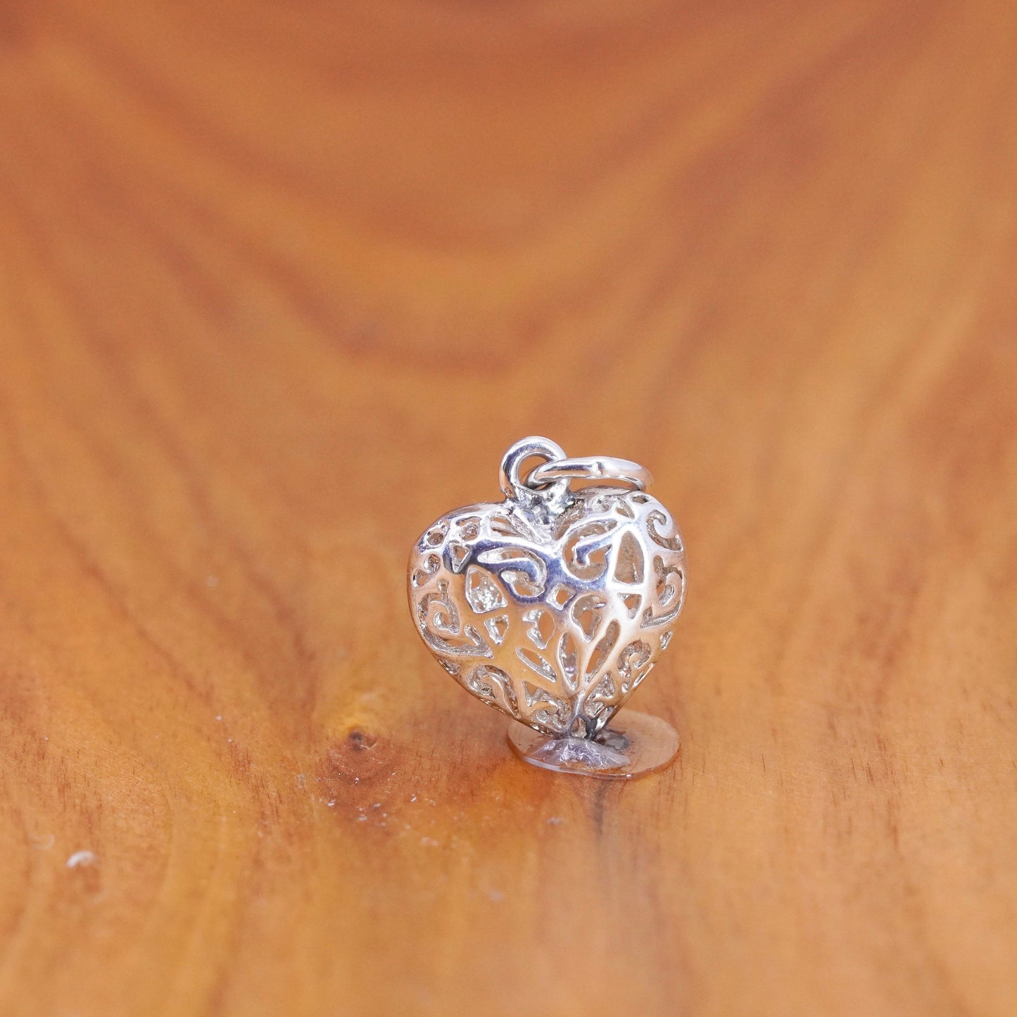 Vintage Sterling silver handmade pendant, 925 filigree puffy heart pendant