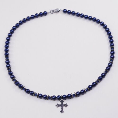 18” Vtg Sterling 925 Silver Handmade Black Pearl Necklace W/ Cross Pendant