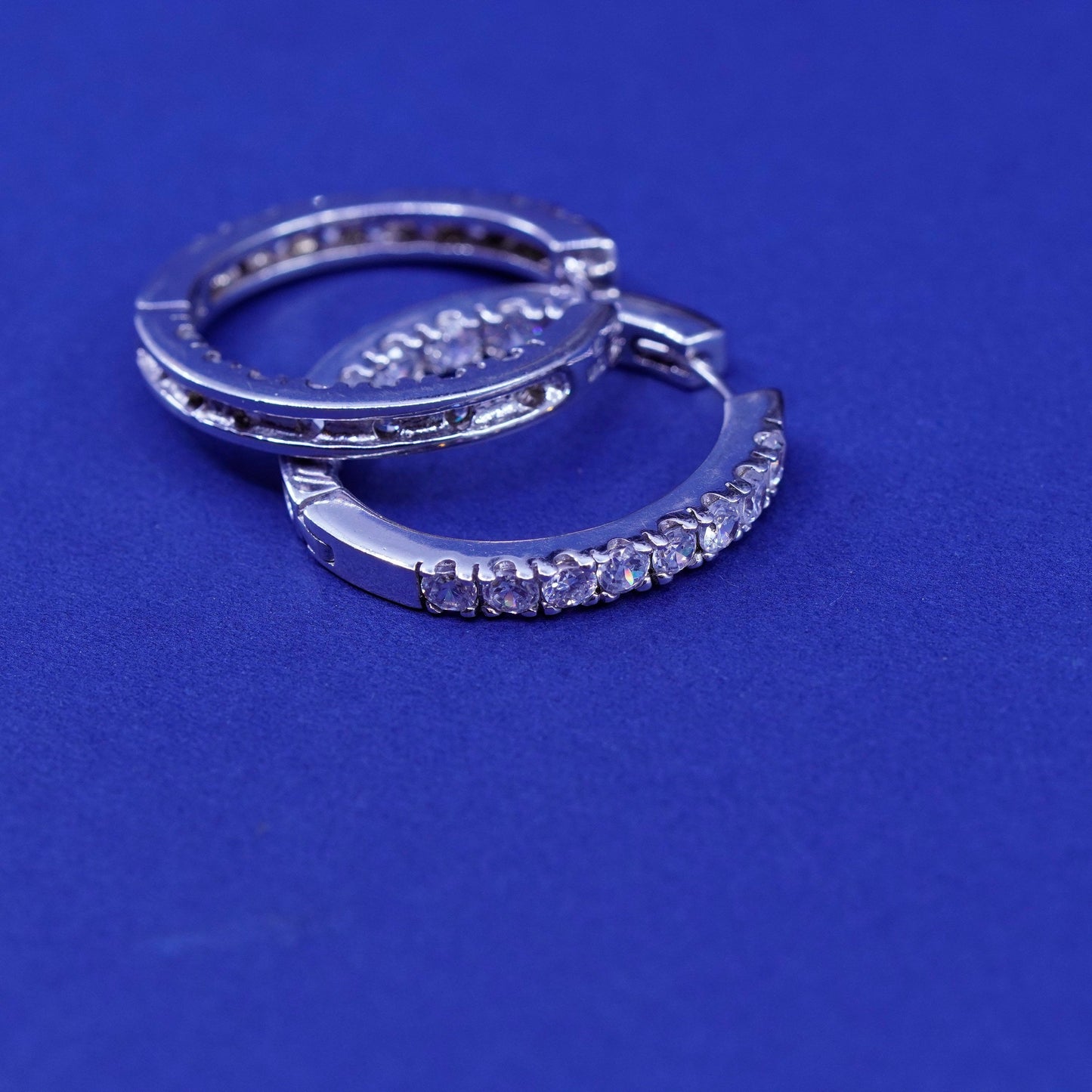1”, Vintage Sterling silver earrings, 925 hoops, huggie with CZ inlay