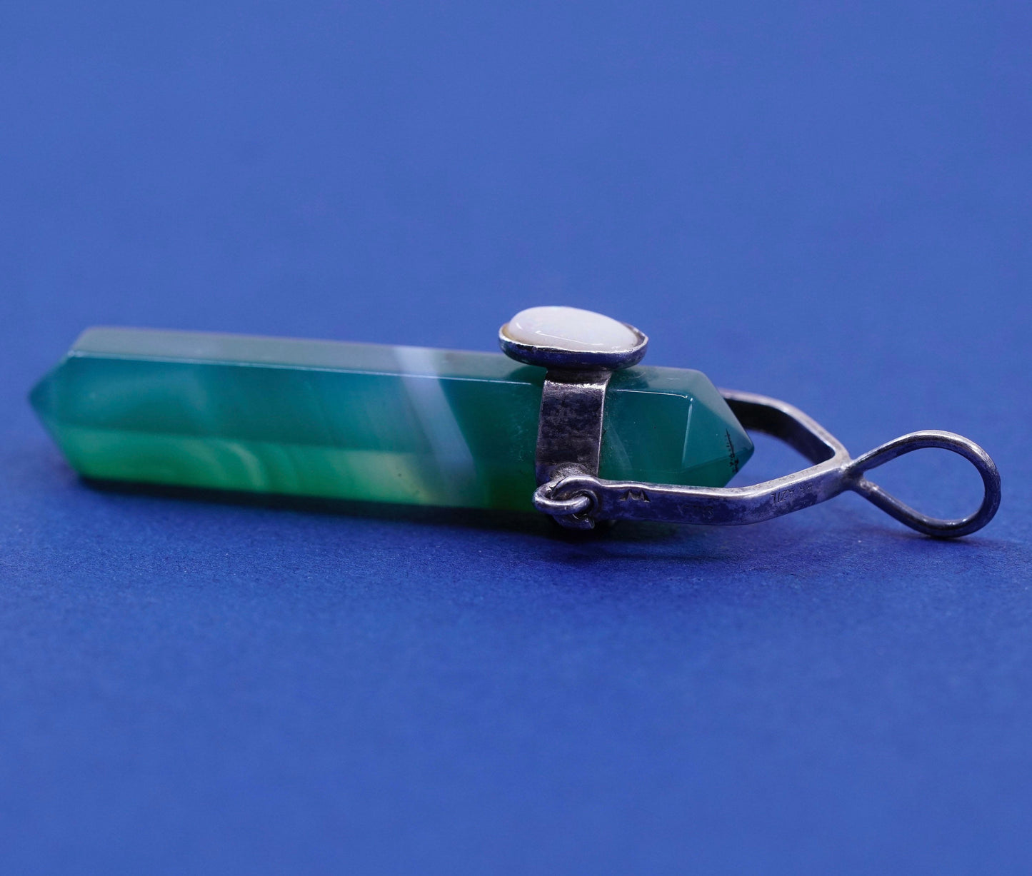 vtg handmade sterling silver charm, 925 healing crystal pendant Jade w/ opal