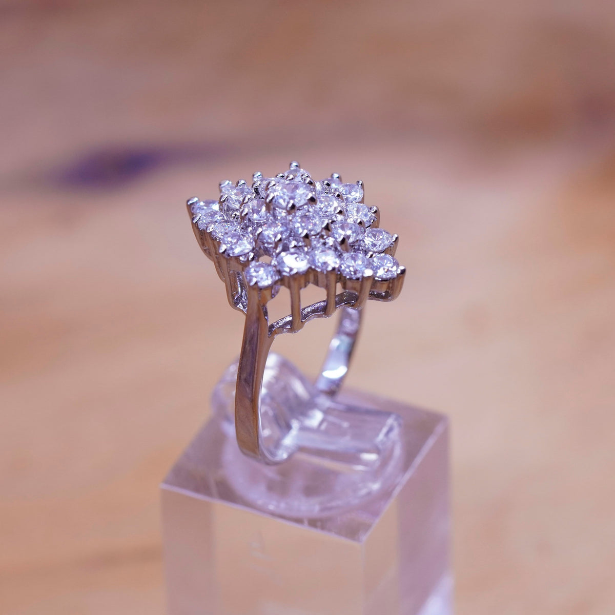 Size 9, vintage Sterling 925 silver engagement ring with cluster cz
