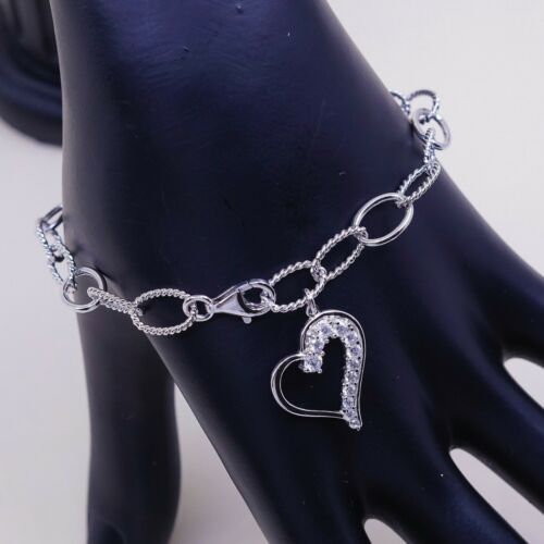 7” Vtg Sterling Silver Handmade Bracelet, 925 Rope Circle W/ Heart Cz Charm