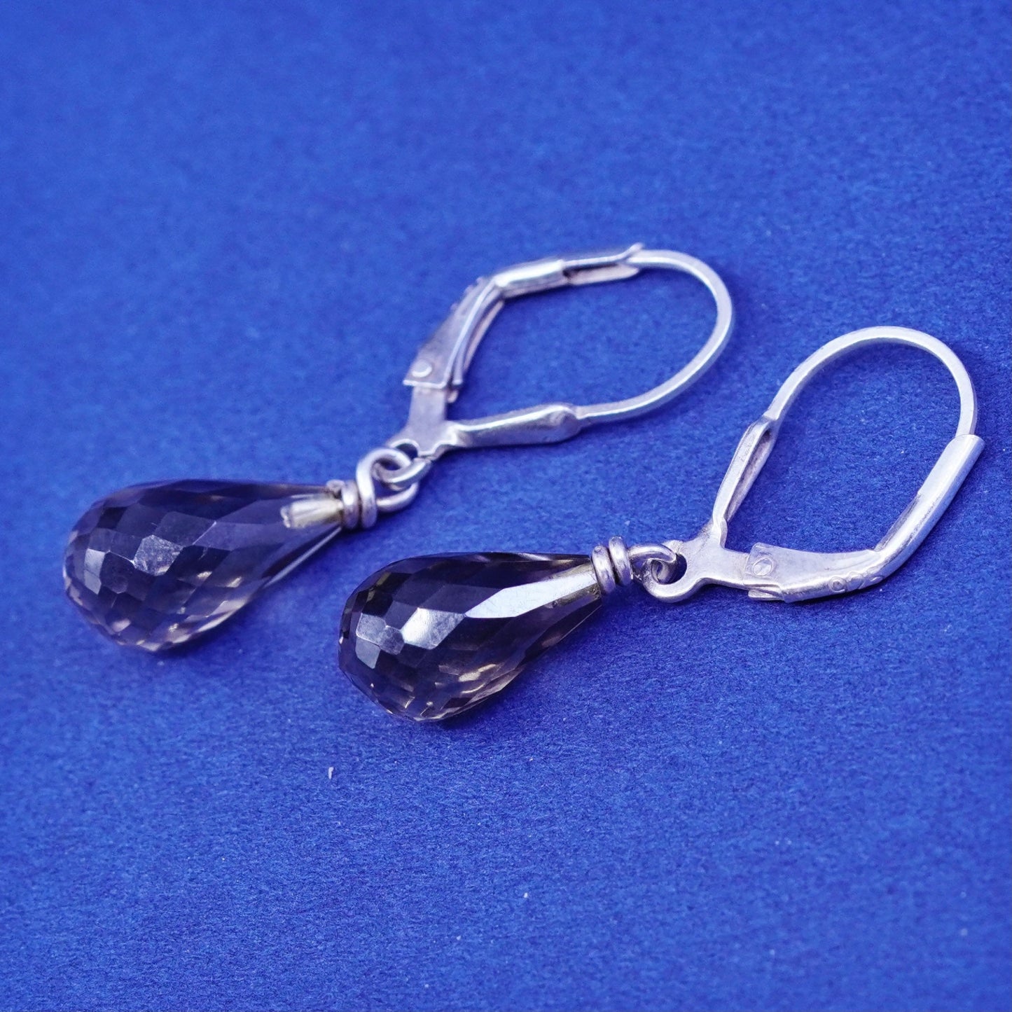 Vintage sterling 925 silver handmade earrings with teardrop smoky topaz