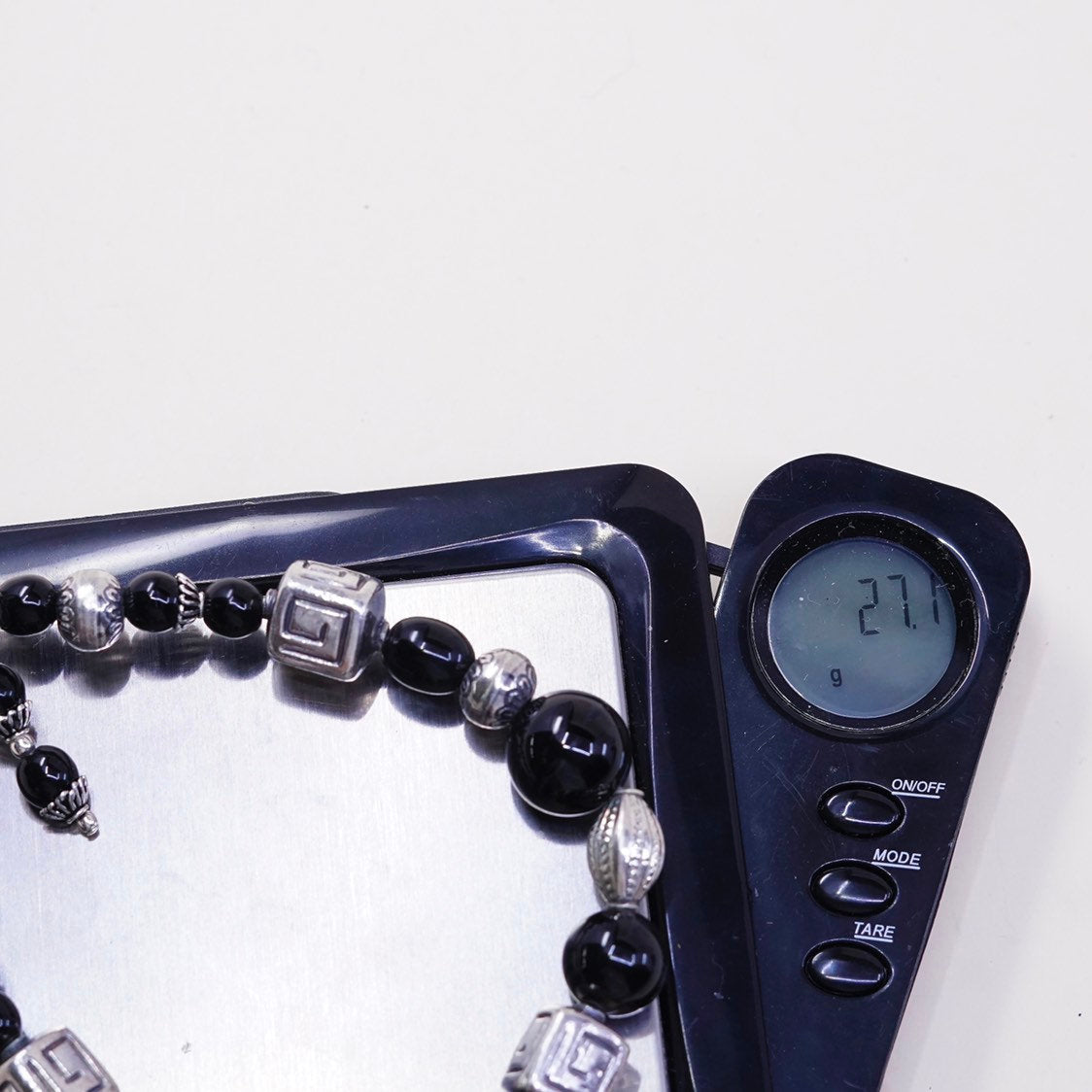 7", Sterling silver bracelet, Mexico 925 w/ obsidian beads N love letter charm