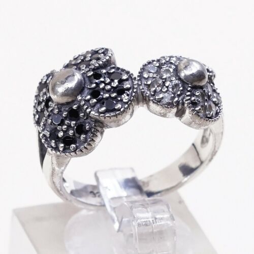Sz 6.75, Vtg Sterling Silver Handmade Ring, 925 W/ Cluster Black Diamond Flower