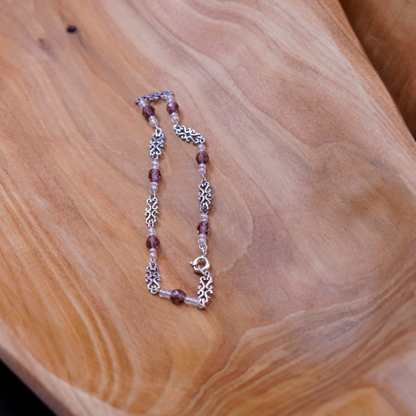 7”, vintage Sterling silver handmade bracelet, 925 chain with crystal beads
