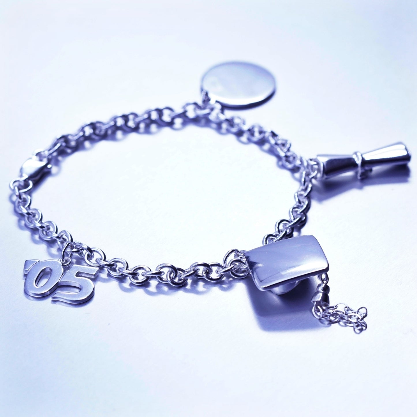 7”, Sterling silver handmade bracelet, 925 bold circle chain graduation diploma