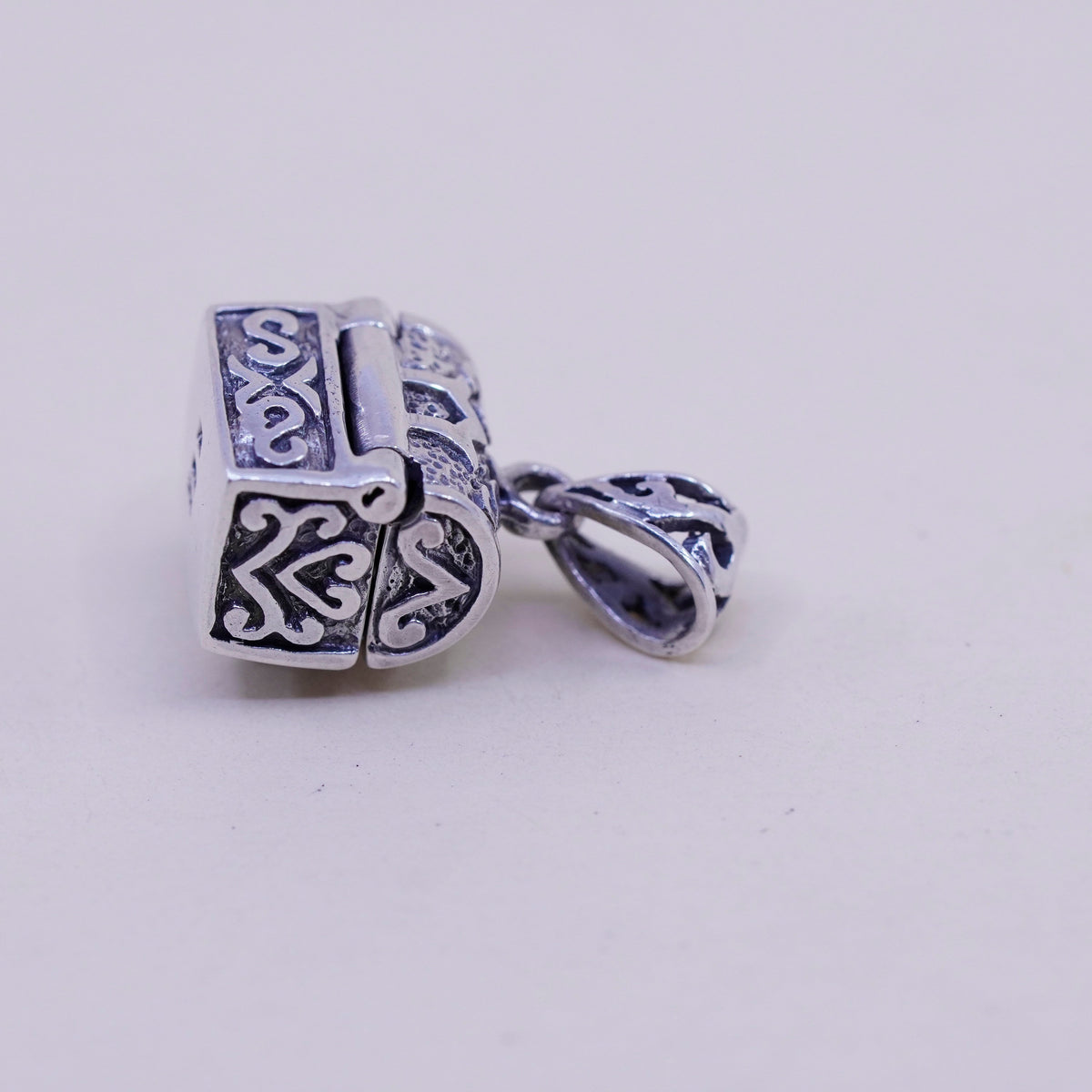 Sterling silver handmade prayer box pendant, 925 locket charm with filigree