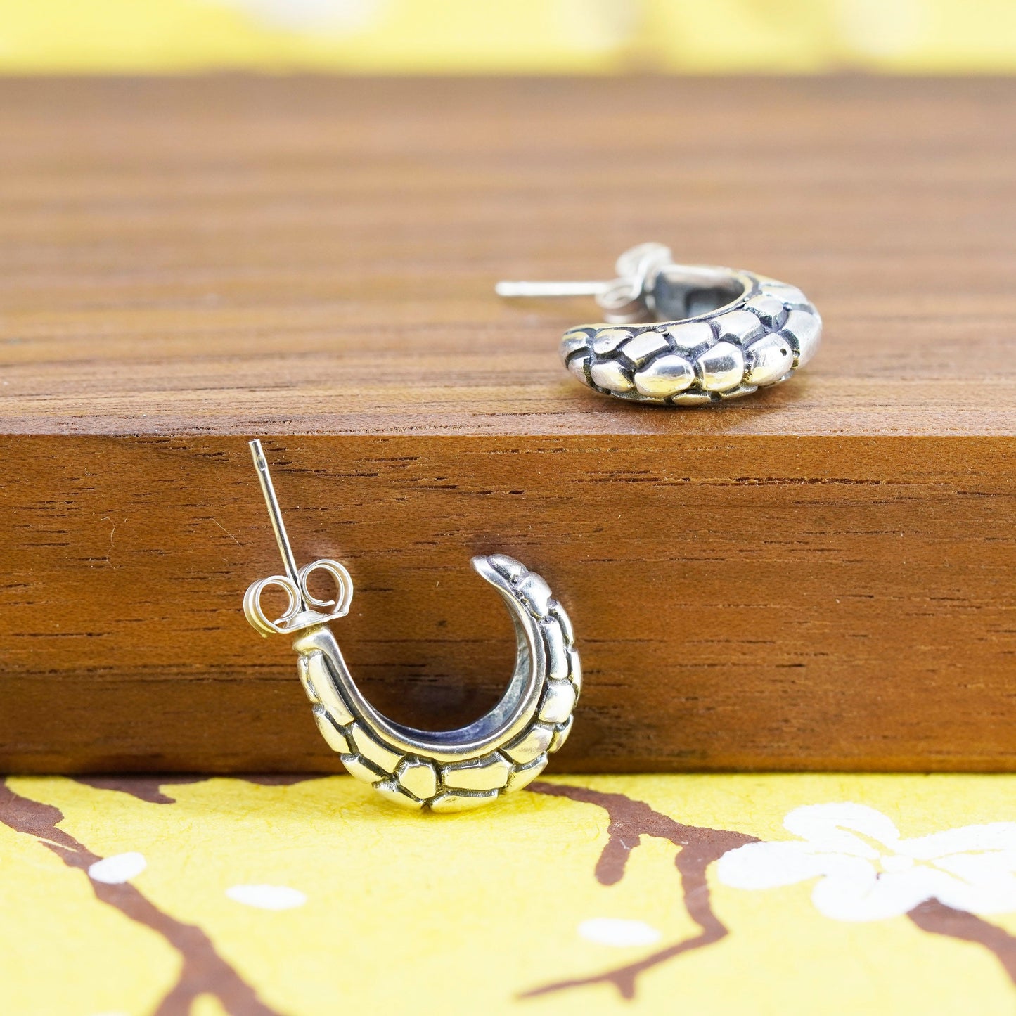 0.5”, vintage Sterling silver handmade earrings, 925 bead textured hoops