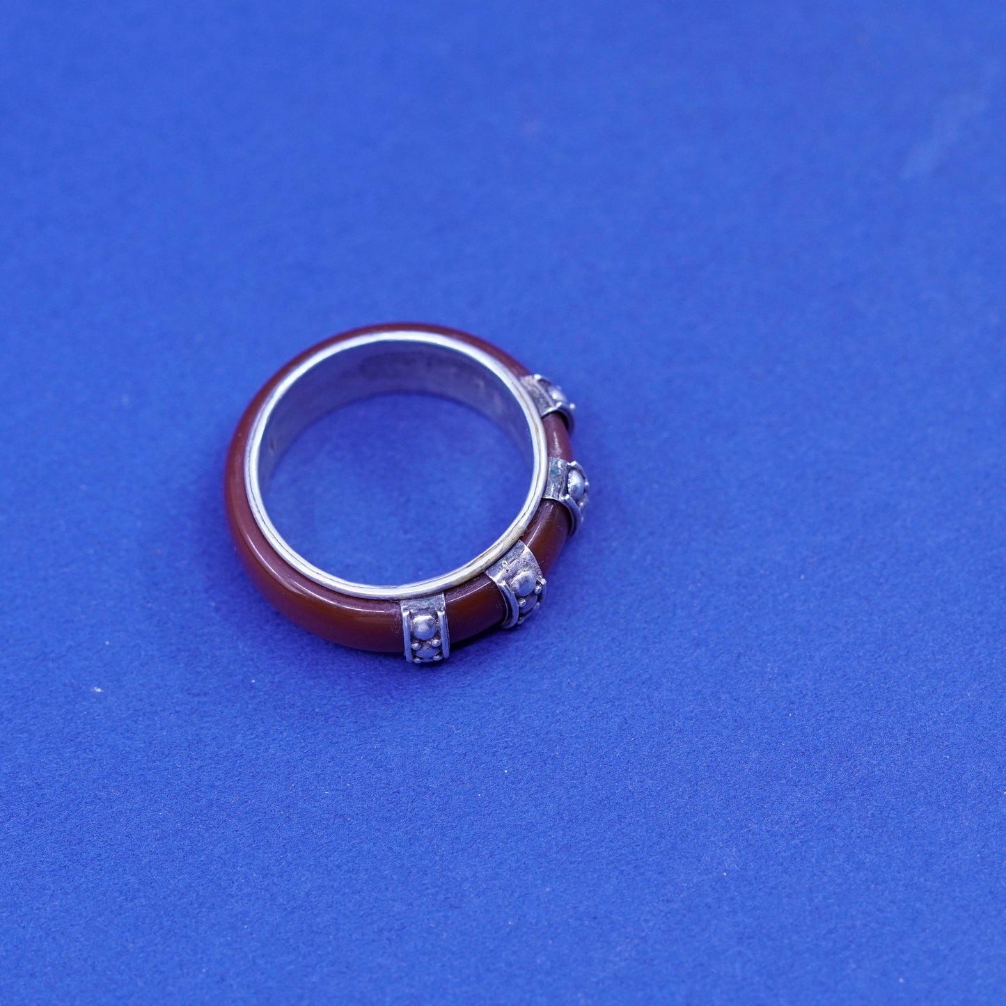 Size 7.5, Sterling Silver 925 Red Carnelian handmade Ring band with beads