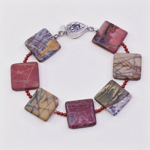 7.25”, Vintage Sterling Silver Handmade Bracelet, 925 Silver Toggle W/ Jasper