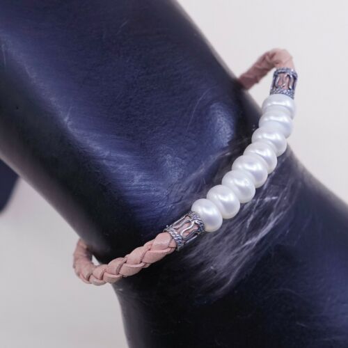 7”, Vtg Sterling Silver Handmade Bracelet, Pink Leather W/ Pearl N 925 Beads