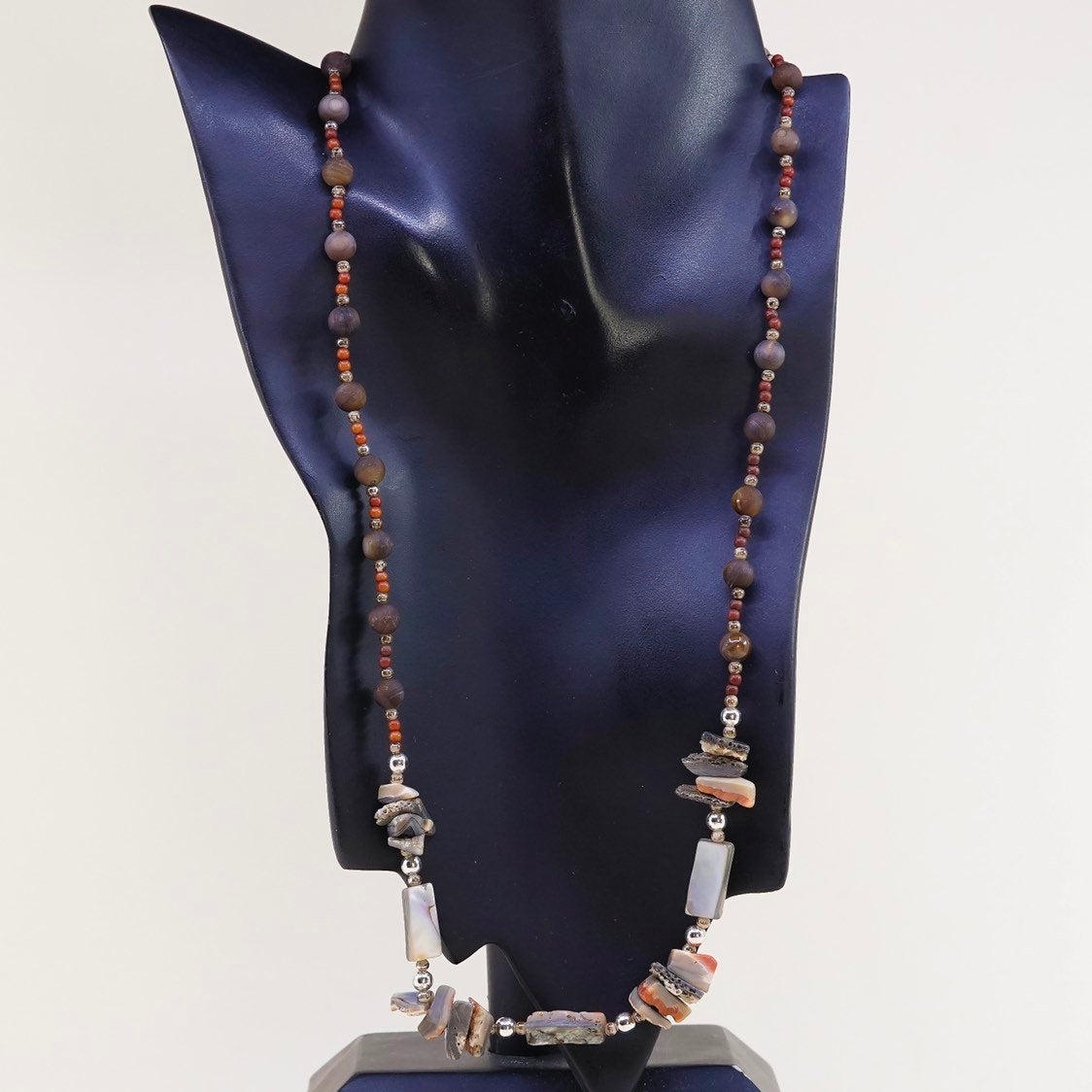 26”,vtg handmade golden tiger eye abalone beads necklace w/ 925 sterling clasp