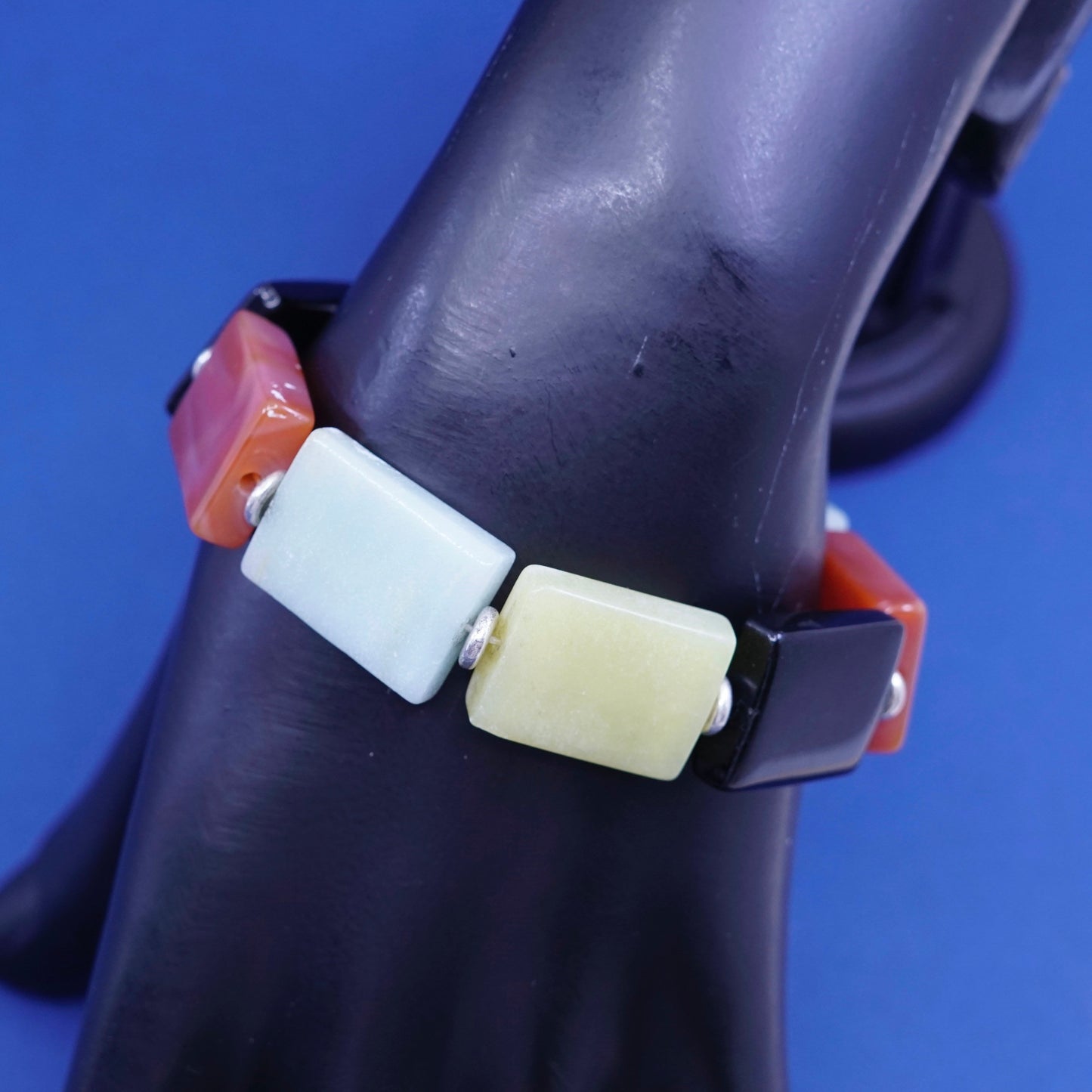 6.5”, Sterling silver handmade bracelet, 925 toggle w/ jade agate obsidian