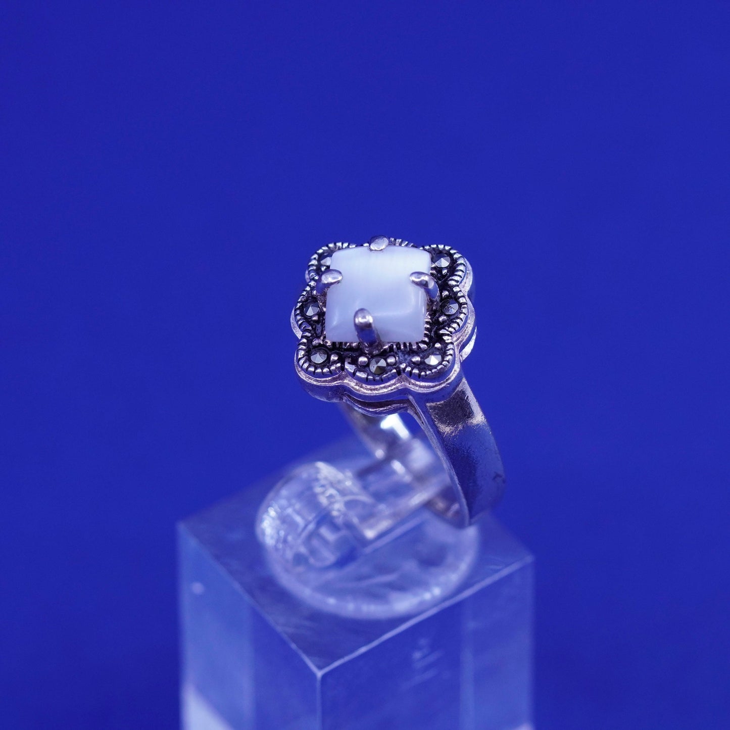 Size 8.25, Sterling 925 silver handmade ring with moonstone and marcasite
