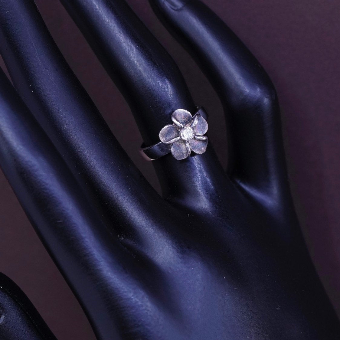 sz 5, vtg Sterling silver flower ring, modern 925 w/ Cz