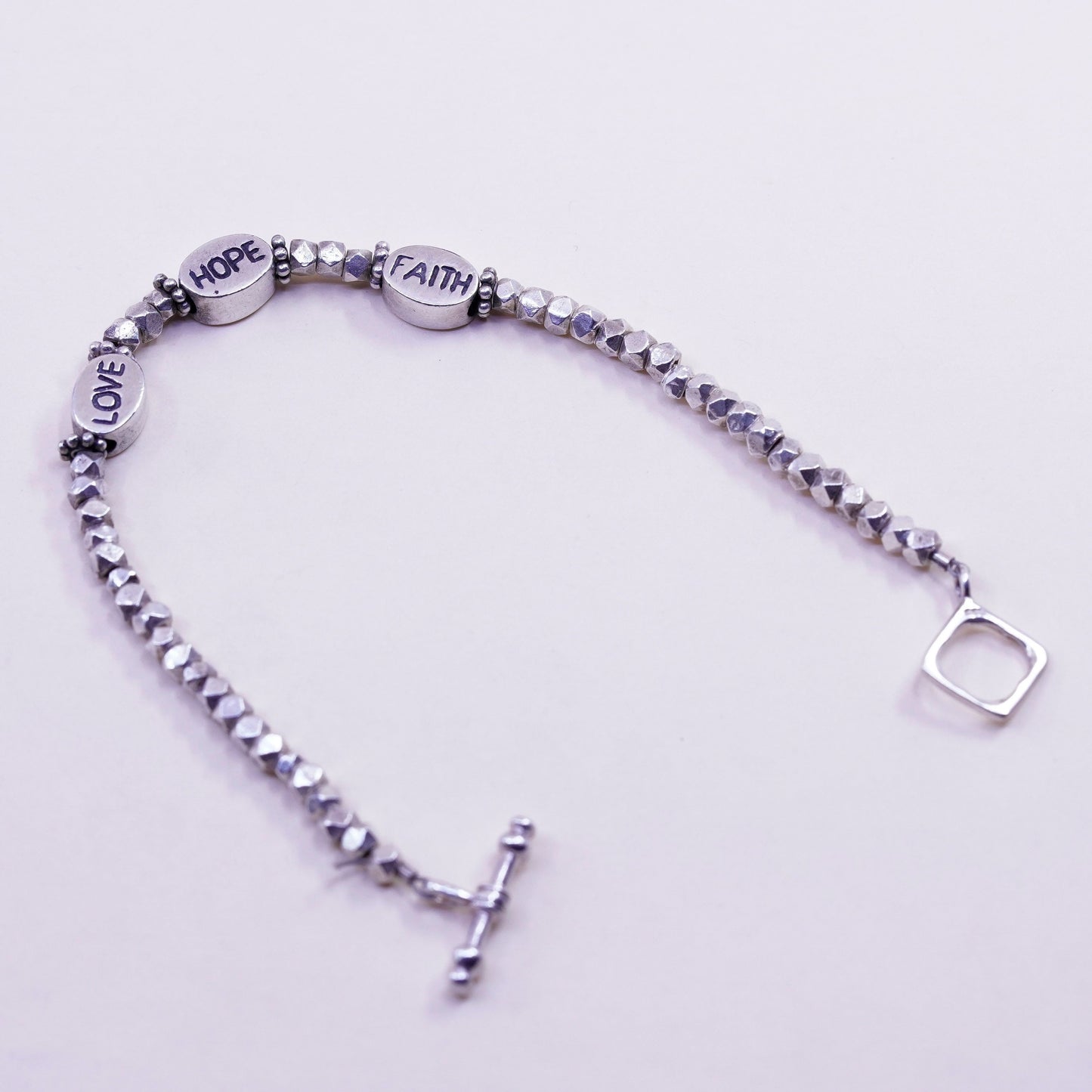 7”, sterling silver handmade bracelet, nugget 925 beads with “love hope faith