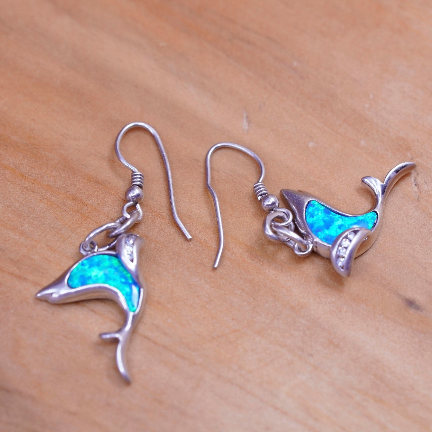 Vintage Sterling 925 silver handmade dolphin earrings with opal inlay