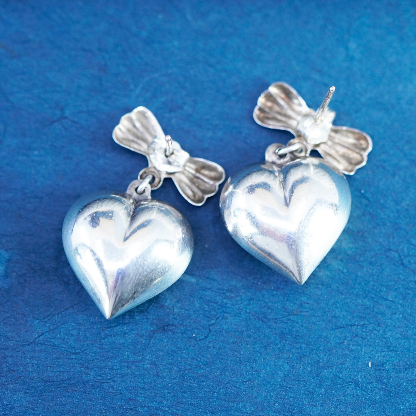 Vintage Sterling silver handmade earrings, textured 925 puffy heart drops