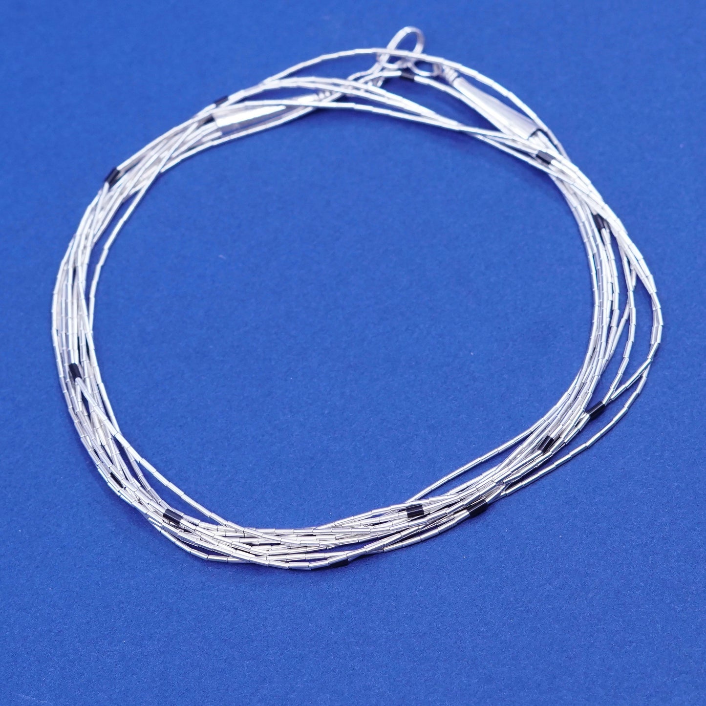 16”, liquid Sterling 925 silver 5 strands necklace, Native American w/ obsidian