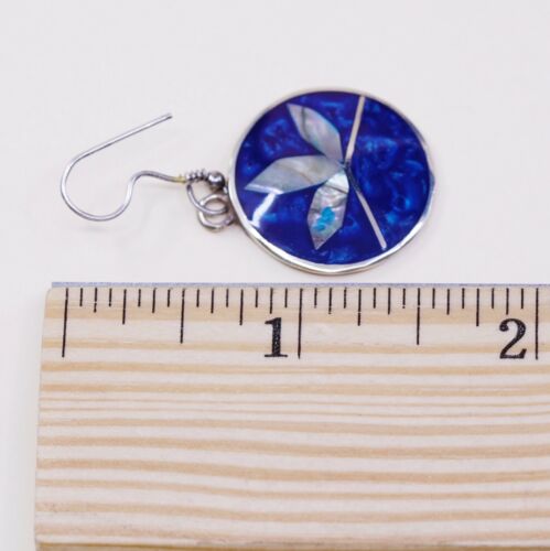 Vtg Mexico Alpaca Silver Handmade Earrings, Round Enamel Disc W/ Mop Flower