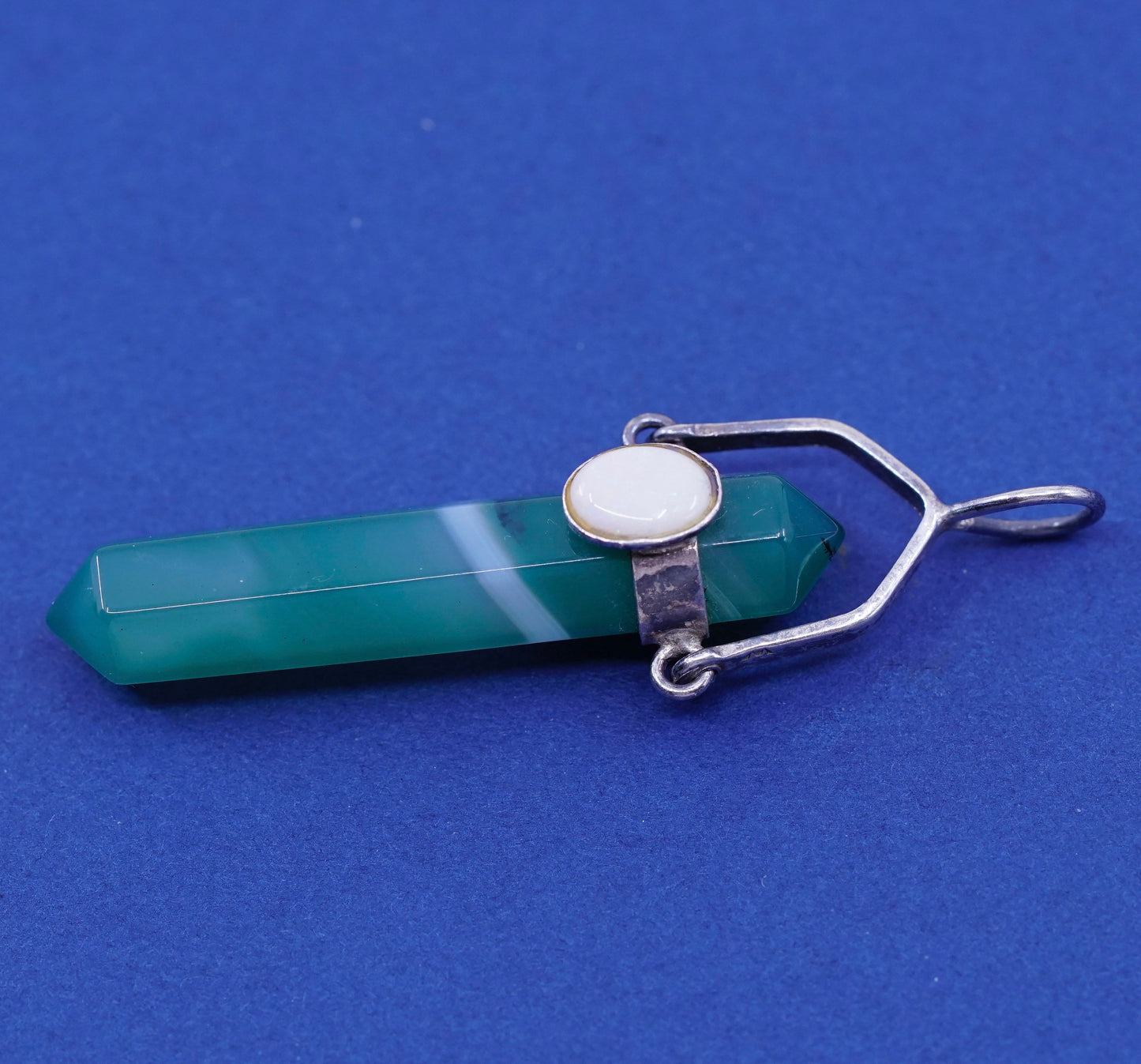 vtg handmade sterling silver charm, 925 healing crystal pendant Jade w/ opal