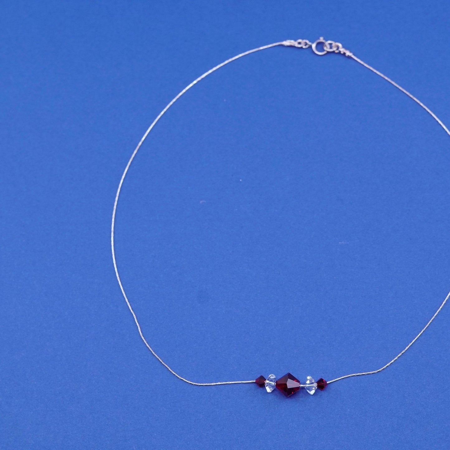 16”, vintage Sterling 925 silver snake chain necklace with ruby crystal