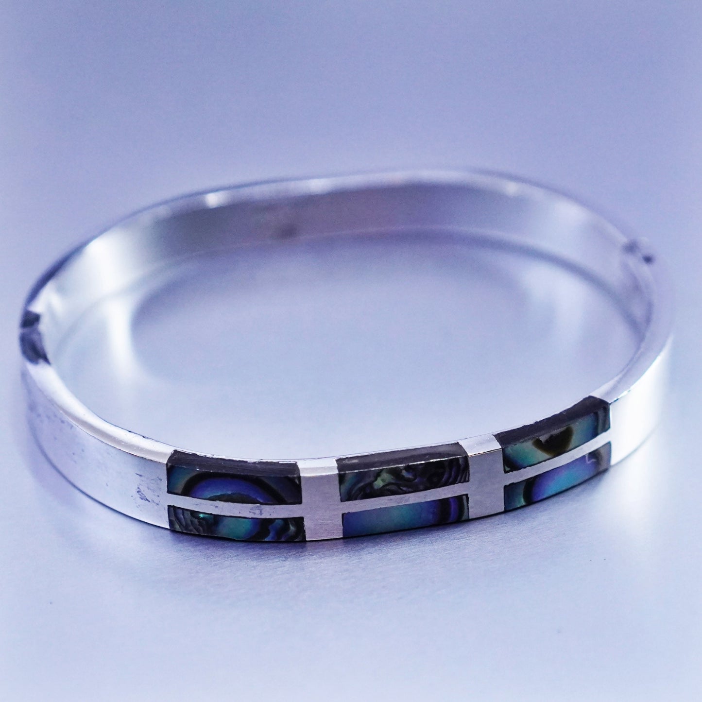 6.75”, VTG Mexico Sterling 925 silver handmade bracelet, hinged bangle abalone