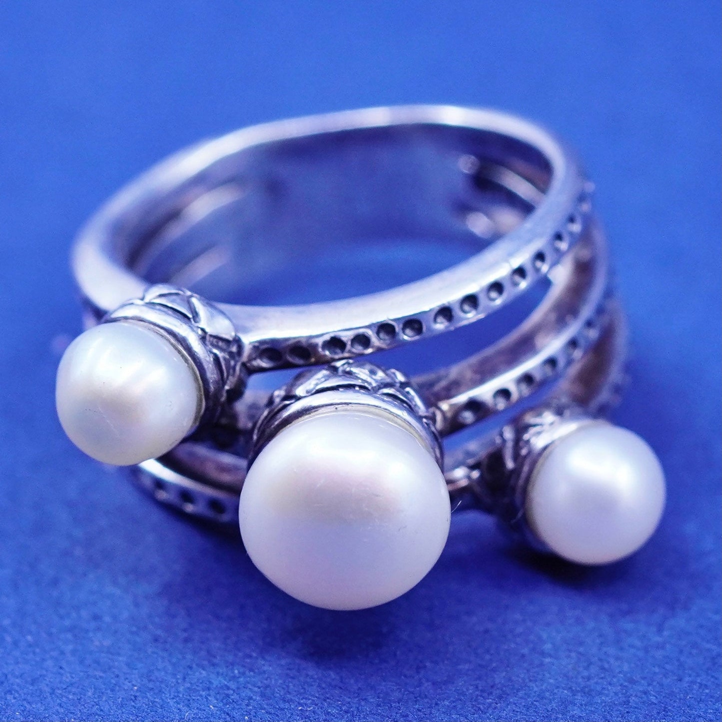 Size 6.5, vintage CFJ sterling 925 silver handmade statement ring with pearl