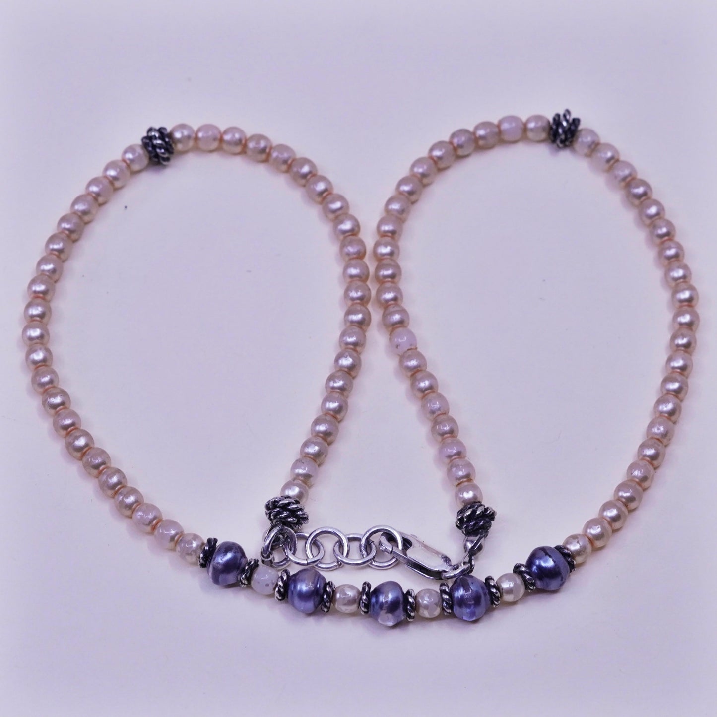 16”, Vintage faux pearl beads necklace chain with sterling 925 silver clasp