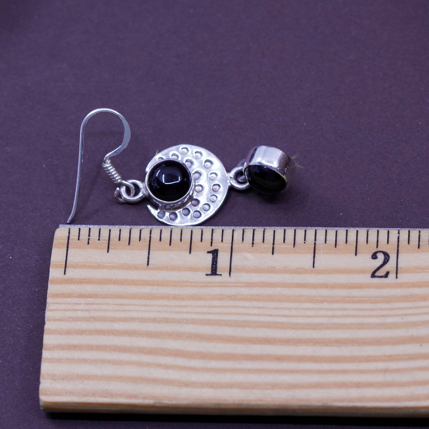 vtg handmade sterling silver earrings, 925 hammered disc with obsidian dangles