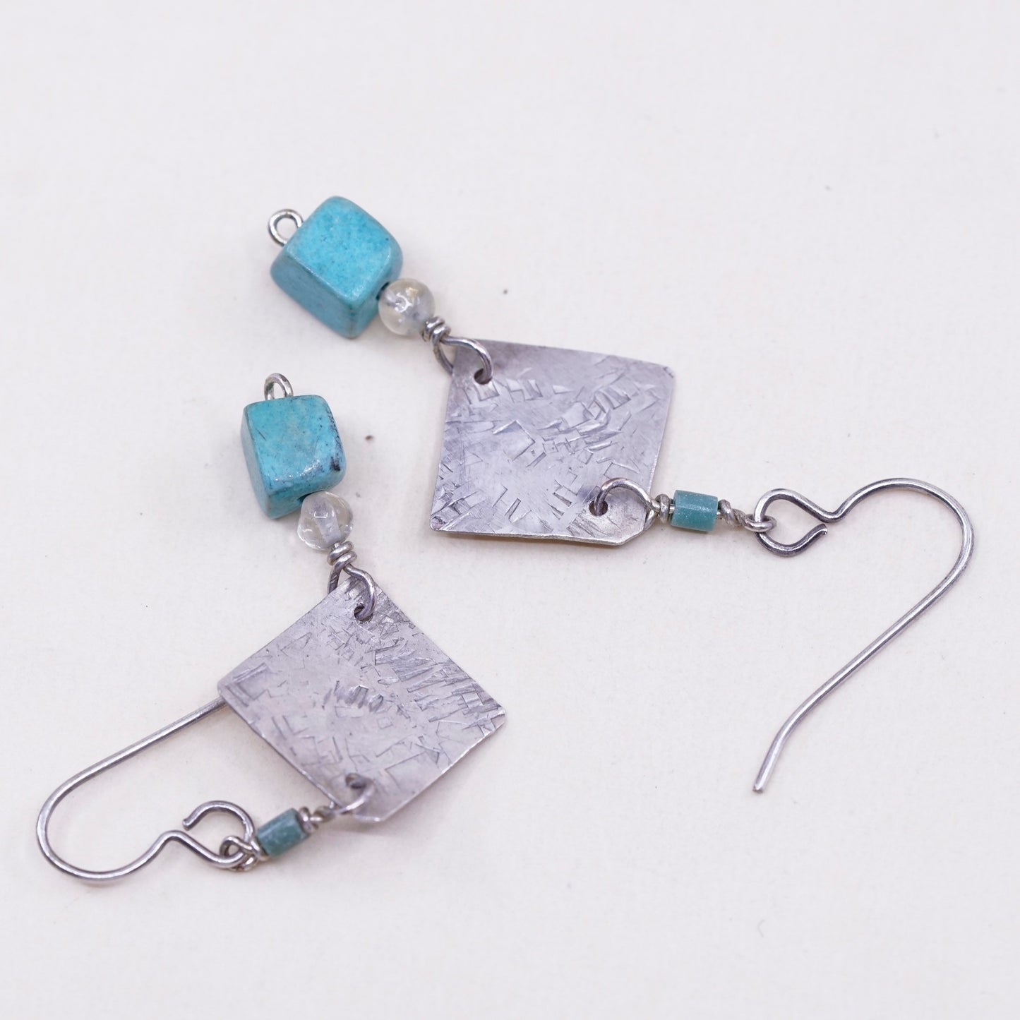 Vintage Sterling 925 silver handmade tag earrings, with cube turquoise