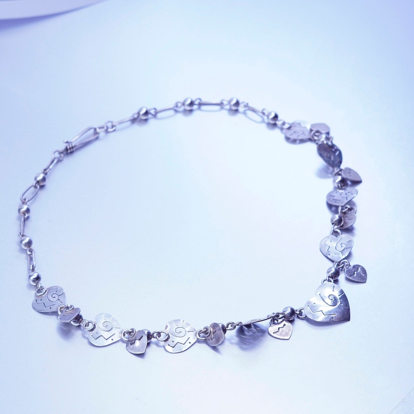 18”, far fetched Sterling 925 silver elongated chain necklace heart charms