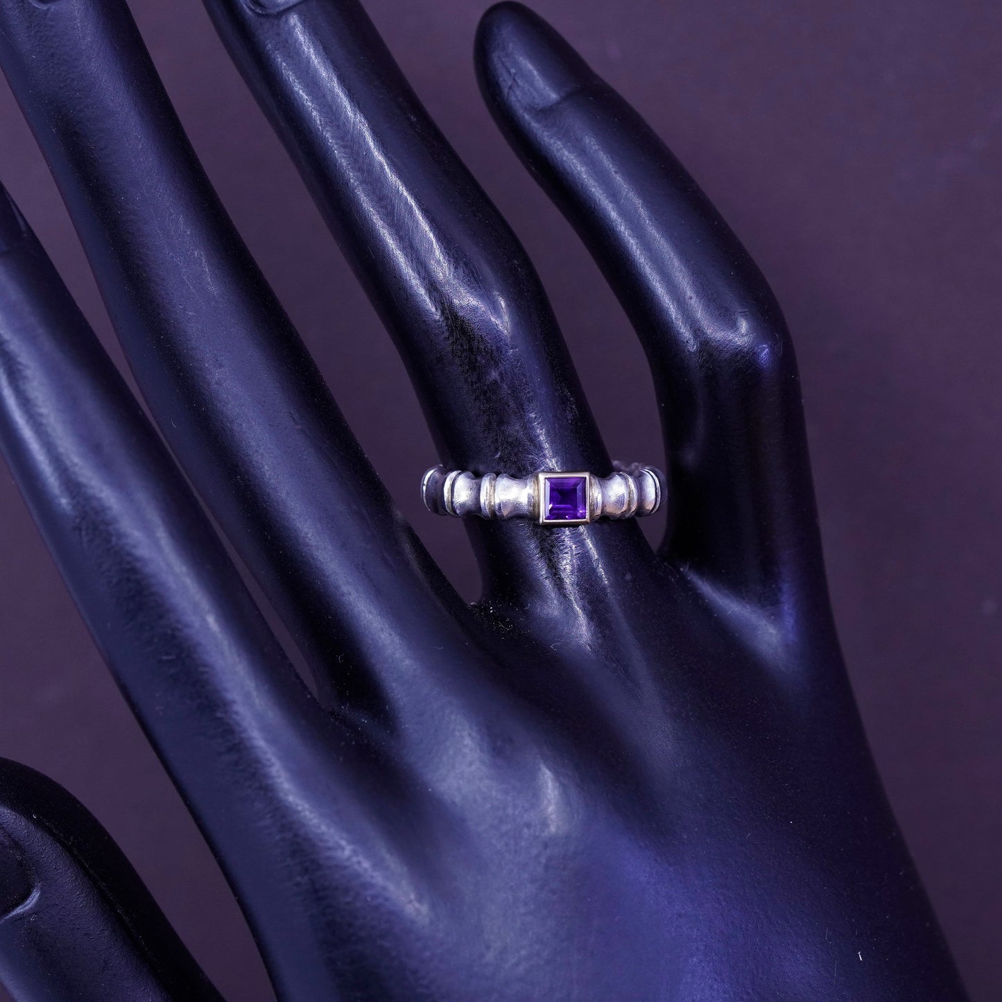 Size 7, AGAU 14K yellow gold Sterling silver ring, 925 bamboo band w/ amethyst