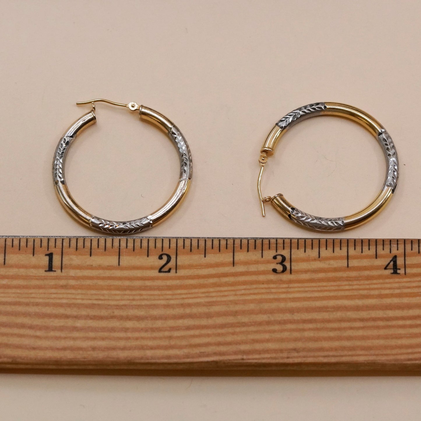 1.25”, Vintage vermeil 1/20 10K gold sterling silver earrings, textured hoops