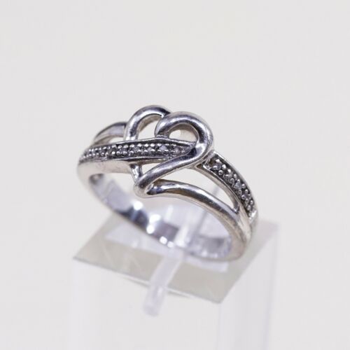 Sz 7, Vtg Sterling Fashion Engagement Ring, 925 Heart W/ Diamond, Stamped 925