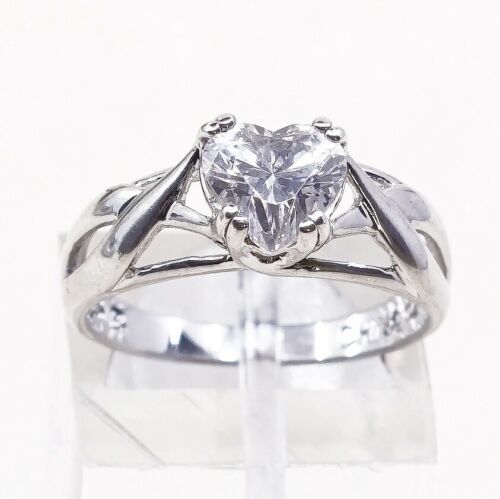 Sz 6, Vtg Sterling Silver handmade Ring, 925 Ring W/ Heart Shaped Cz