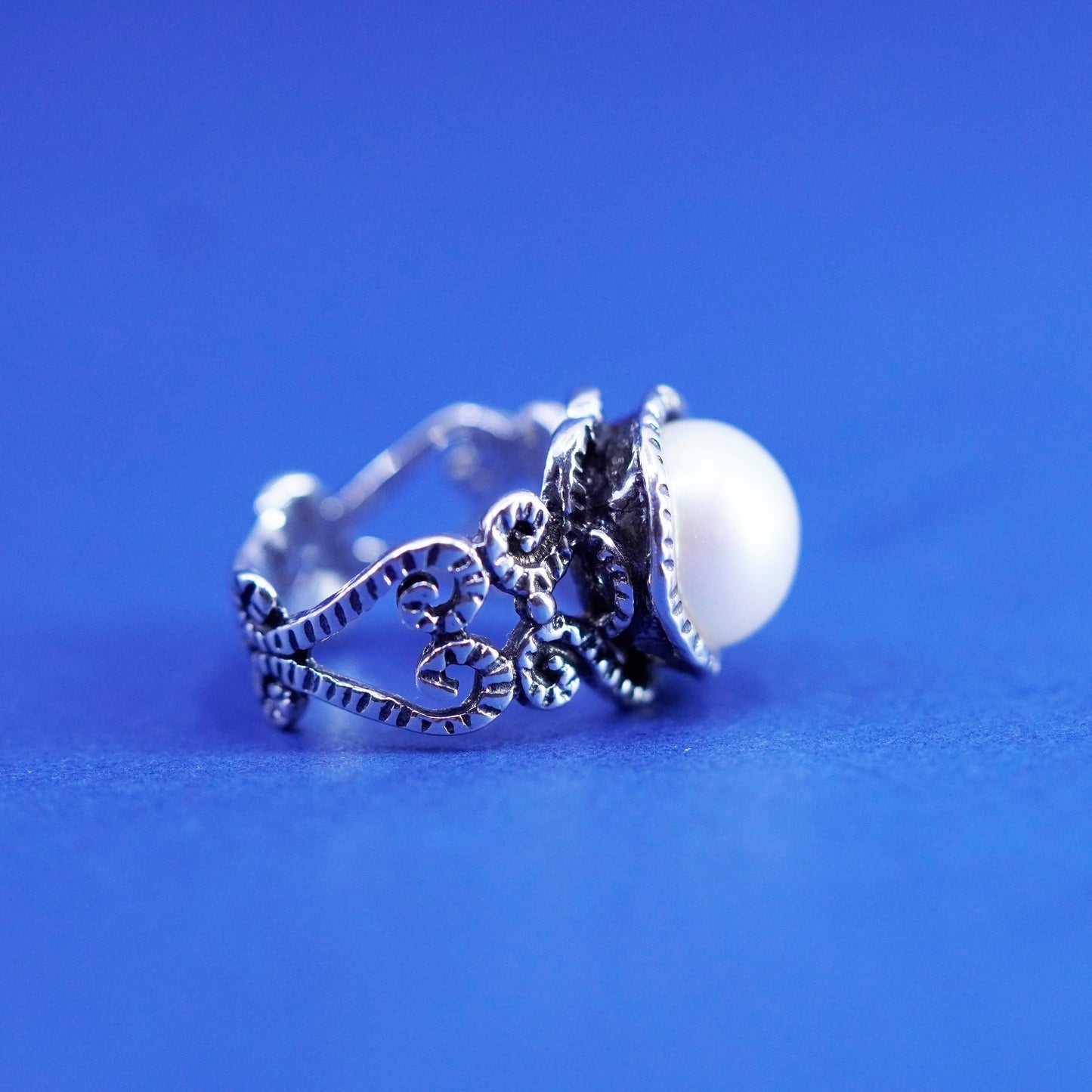 Size 5.5, vtg Israel Shablool Didae Sterling silver handmade beaded ring pearl