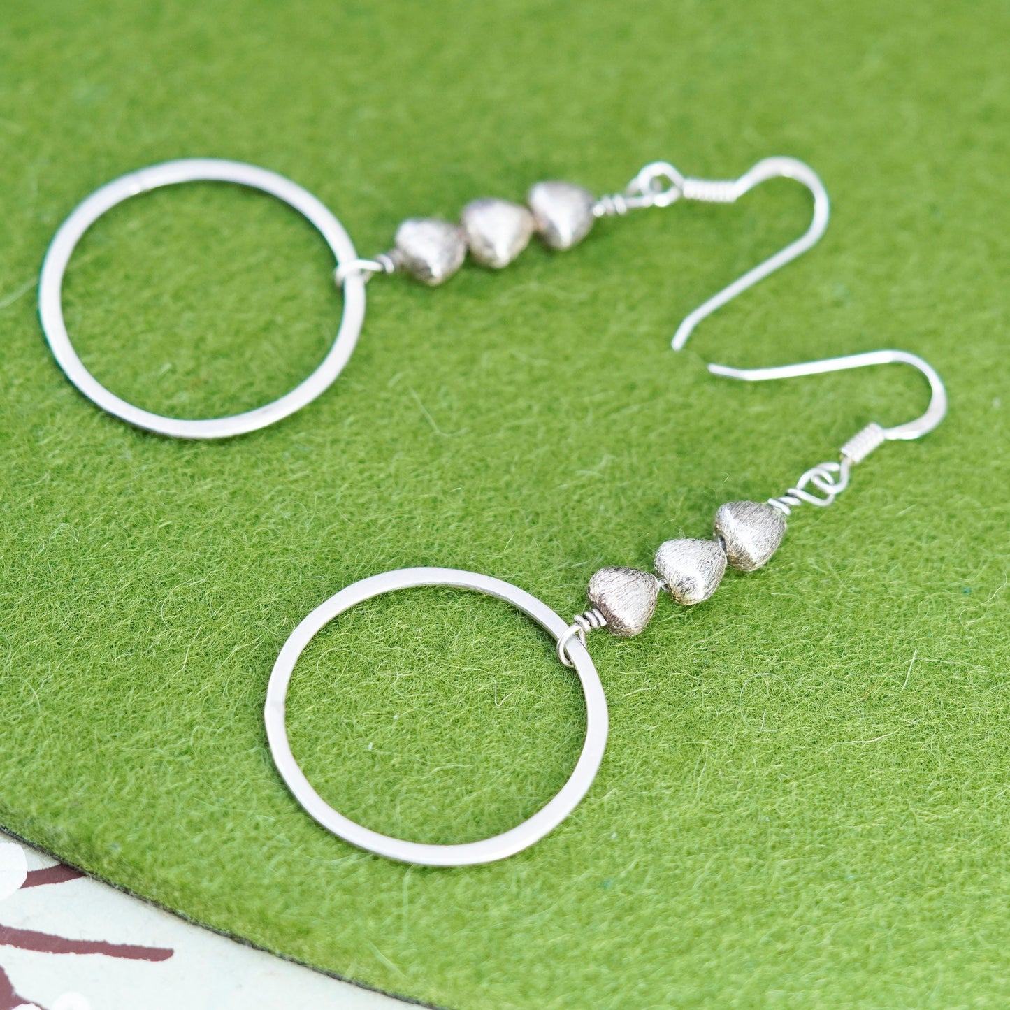 Vintage sterling silver handmade earrings, 925 matte circle dangles with beads