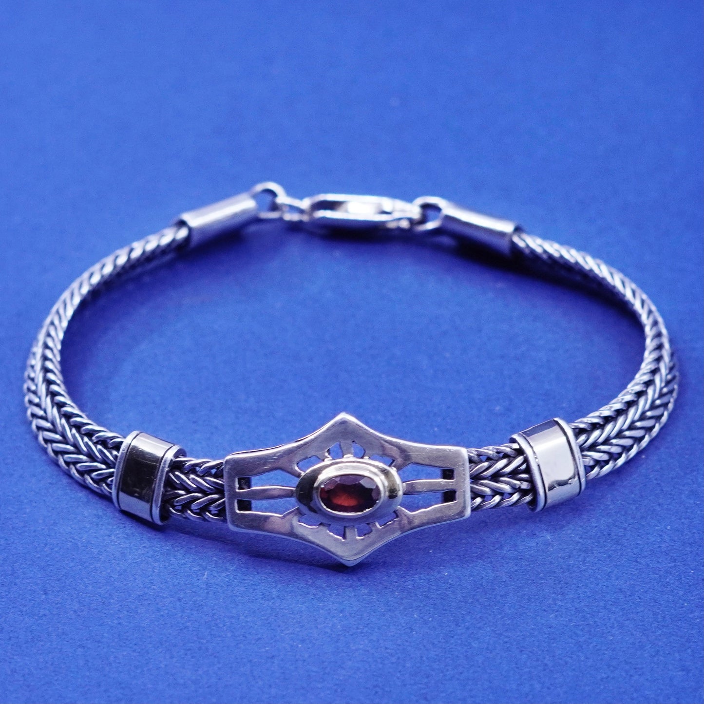 7”. vtg Sterling silver bracelet, 925 wheat chain 14K yellow gold accent ruby