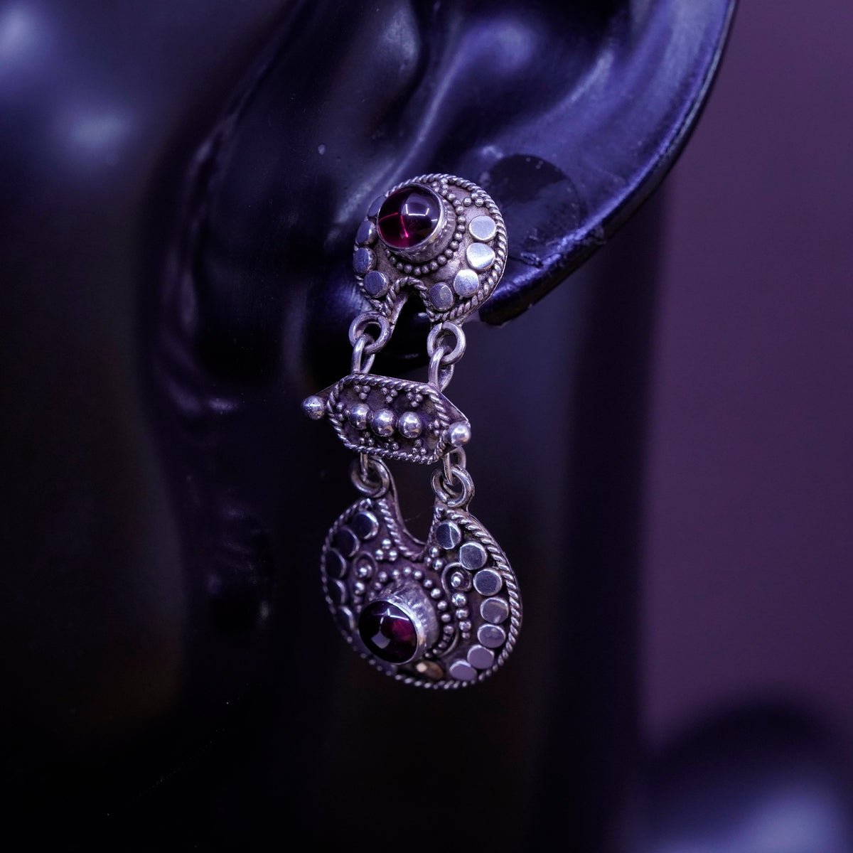 Two tone handmade sterling 925 silver earrings with 14K accent and garnet beads