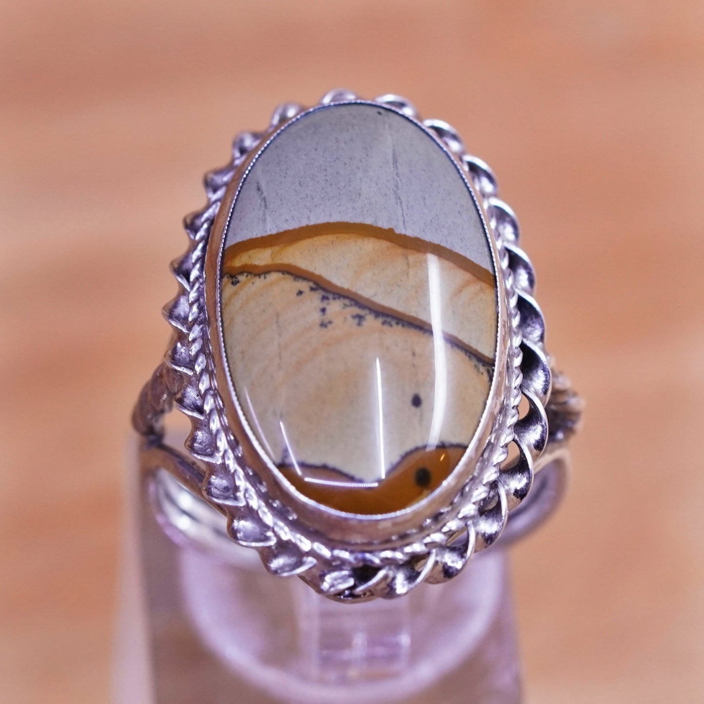 Size 9.5, vintage Sterling 925 silver handmade ring with landscape jasper