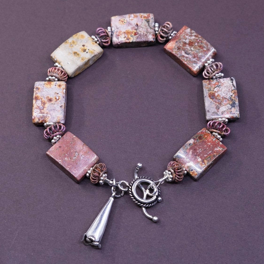 7.75”, vtg Sterling silver handmade chain, 925 beads w/ Jasper nuggets bracelet