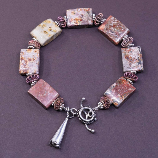 7.75”, vtg Sterling silver handmade chain, 925 beads w/ Jasper nuggets bracelet