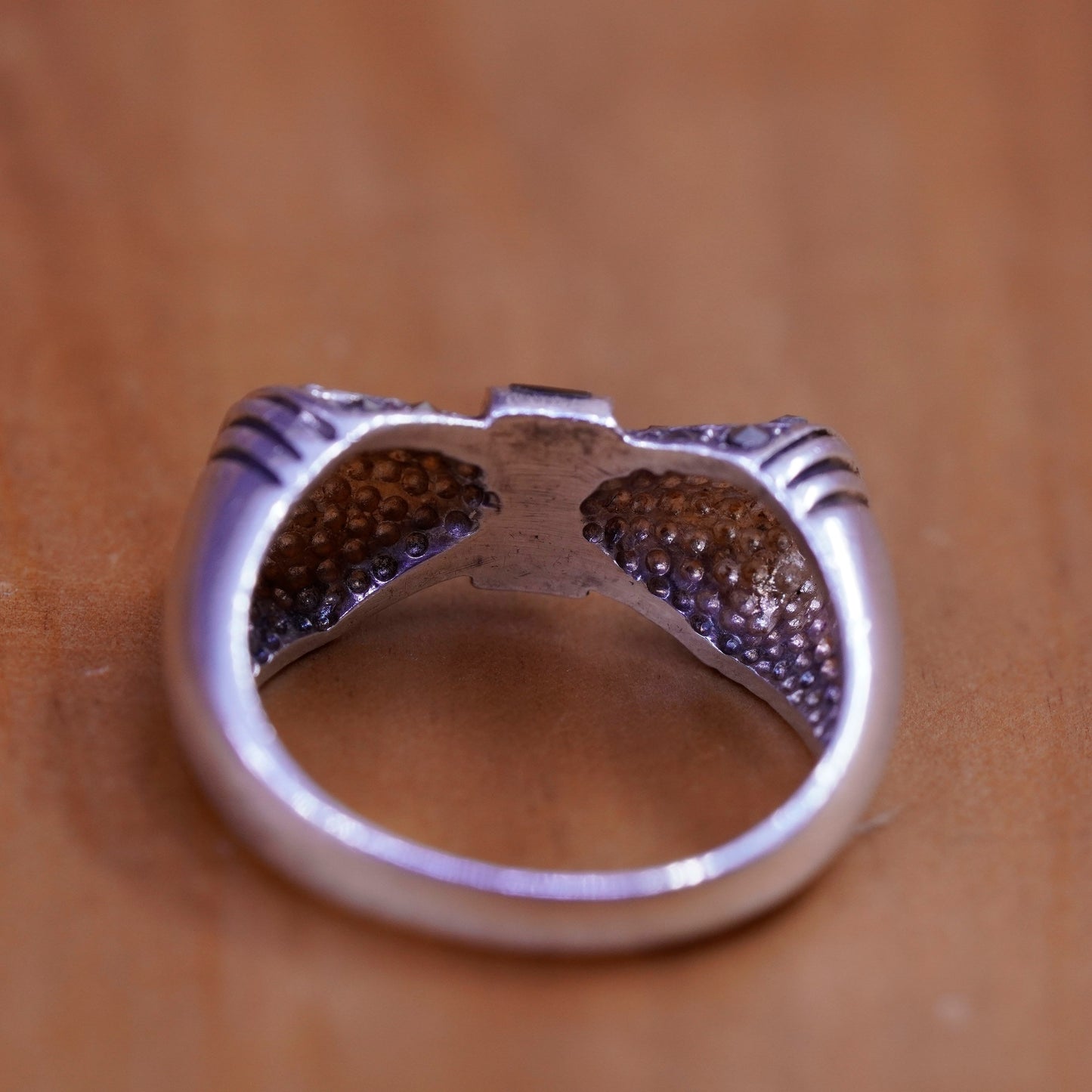 Size 7, vintage Sterling silver handmade ring, Art deco 925 bow ribbon obsidian