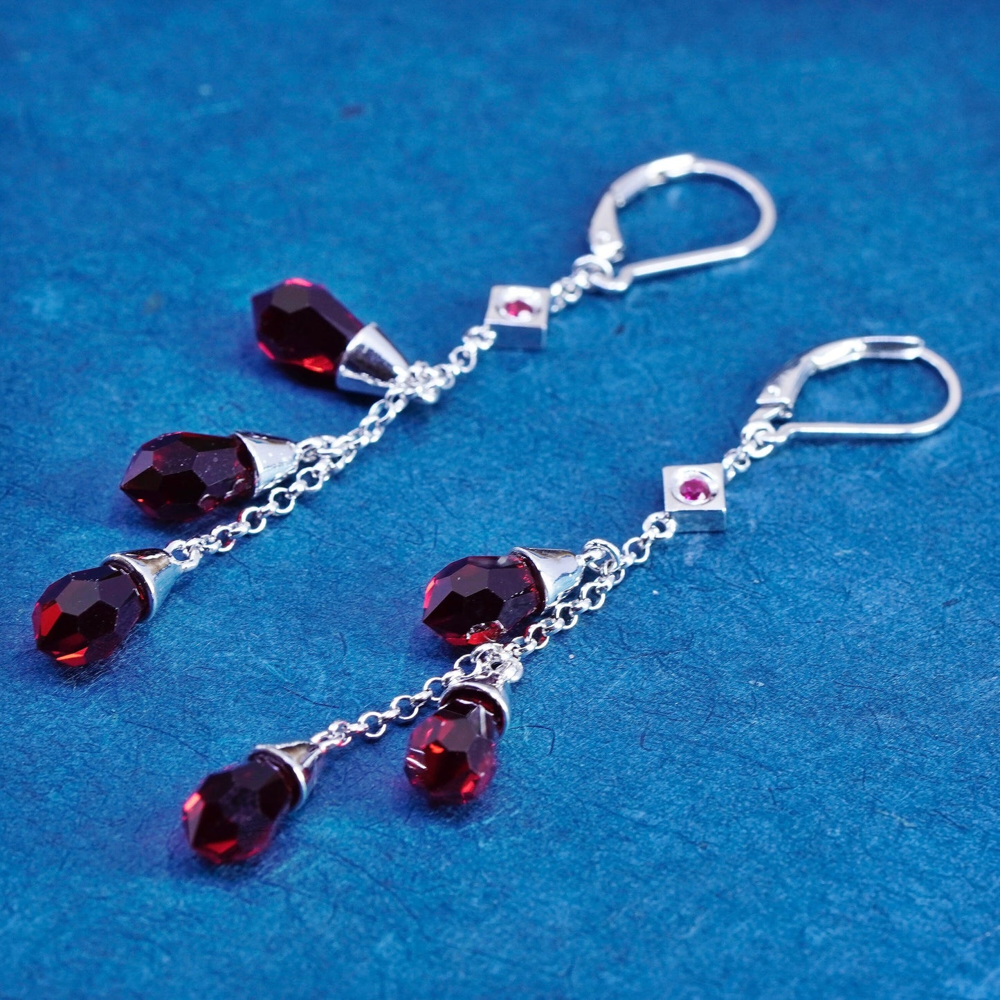 Designer Elle sterling 925 silver handmade earrings with teardrop ruby dangles