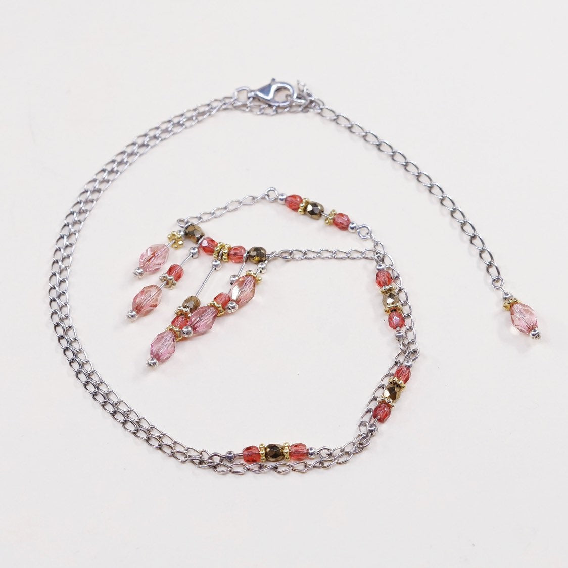 18+2”, Sterling silver necklace, 925 curb chain w/ pink crystal fringe pendant