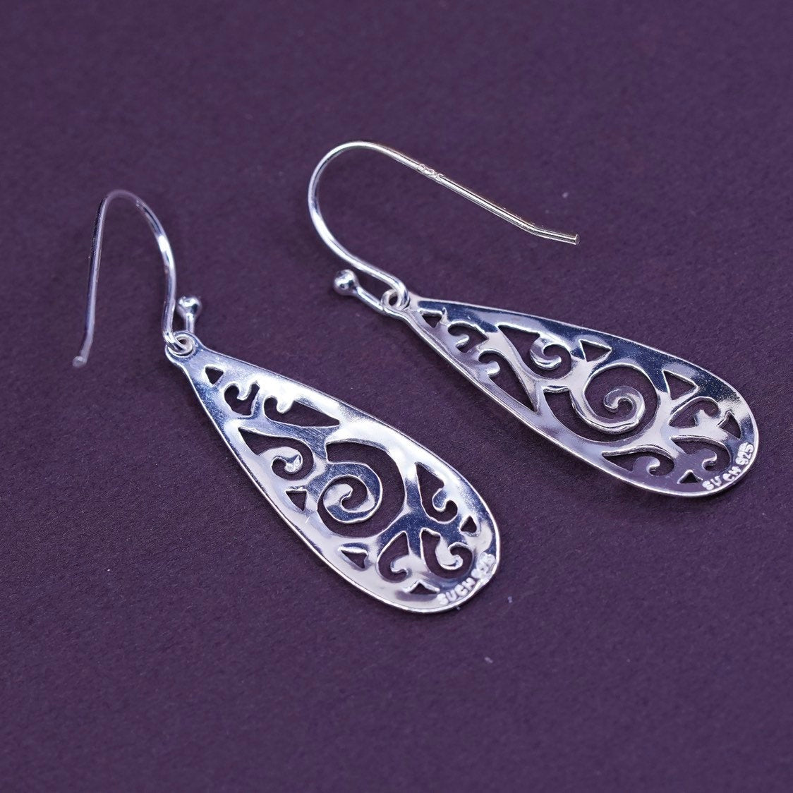 vtg Sterling silver handmade earrings, 925 Bali Filigree teardrop beads drops