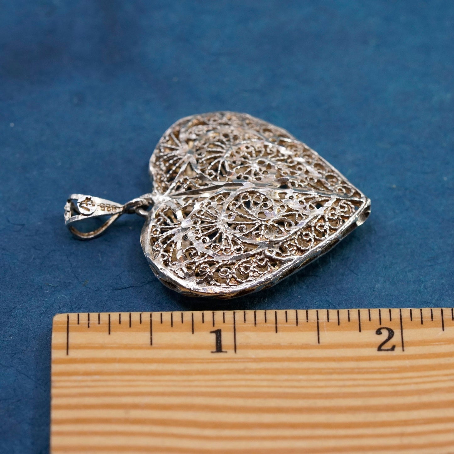 Vintage Sterling silver handmade pendant, 925 puffy filigree heart