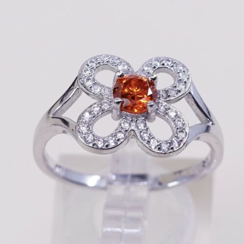 Size 9.5, Vintage Sterling 925 Silver Handmade Flower Ring W/ Yellow N Clear Cz
